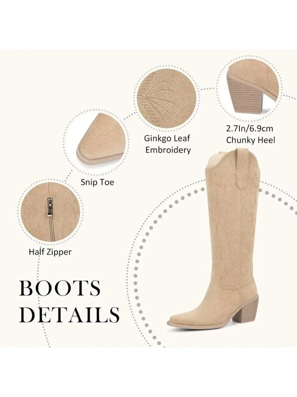Women's Suede Apricot Chunky Heel Slip on Pointed Knee High Cowgirl Tall Boots